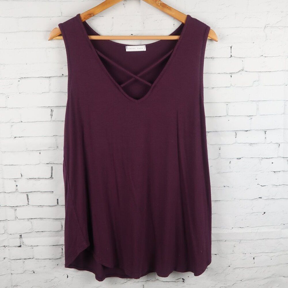 EMORY PARK BURGUNDY SLEEVELESS V NECK TOP WITH CRISS CROSS DETAIL SIZE LARGE